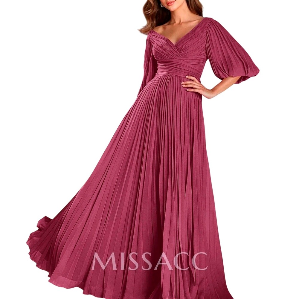 MISSACC Pleated Chiffon Maxi Gown Size 10 Mulberry Long Sleeve A-Line Formal NWT